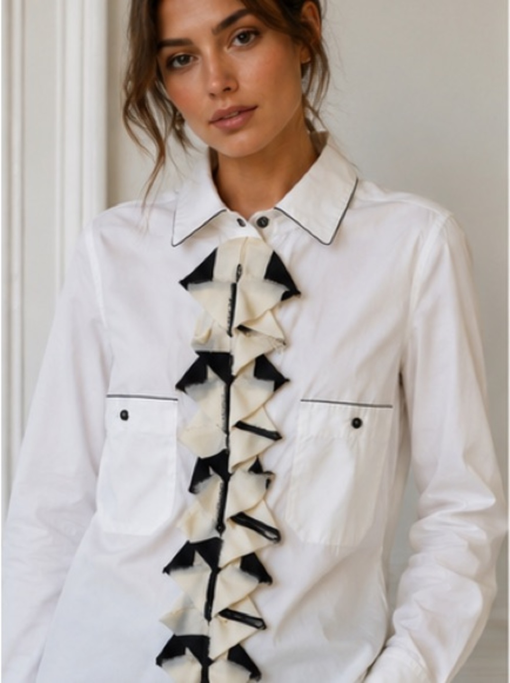 CHANEL by Karl Lagerfeld 2008 Black & White Ruffle Jabot Cotton Blouse